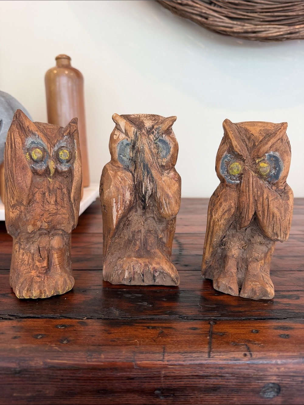 Vintage Hand-Carved See Speak Hear No Evil Wooden Owl Figurines.